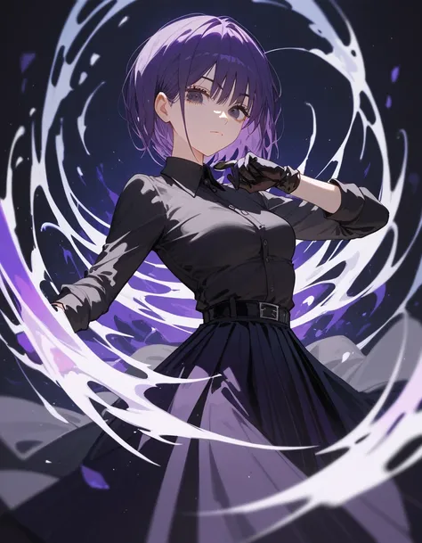 Short-haired girl,Bob hair,Dark purple hair , in dark purple black eyes , villains, small breasts, black silk shirt with long sleeves, with long thin gloves,cute,Long skirt,beautiful, chainsaw art,milf,Dark circles under the eyes, thin, dry 