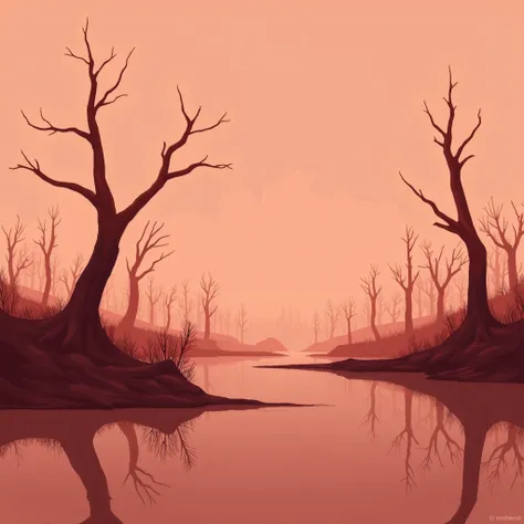 masterpiece,2D, dead trees々,lake,2 colors, red and orange ,Minimalist, soft gradation,