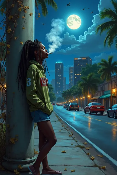 A portrait, hyper realistic painting consist of the following. In the background, a midnight Caribbean context city consists of skyscrapers, buildings, trees, roads, cars, benches, birds. In the midground, consists of main focus on the left,  a sad, young ...