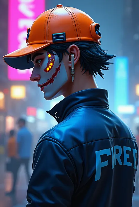 I want a male character with a slightly pointed orange cap with orange lights on the back with a blue and black shirt like a black and blue mask with a Joker makeup written Free Fire on the back 
