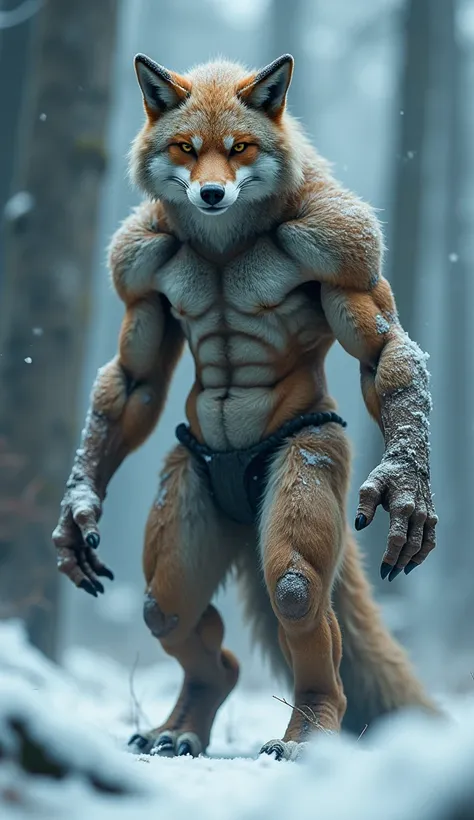 "A monstrous humanoid hybrid of a wolf and a fox, standing in the heart of a frosty forest. The creature has the powerful build of a wolf, but with the cunning, sleek features of a fox. Its fur is a blend of both, with sharp, piercing eyes and a dynamic po...