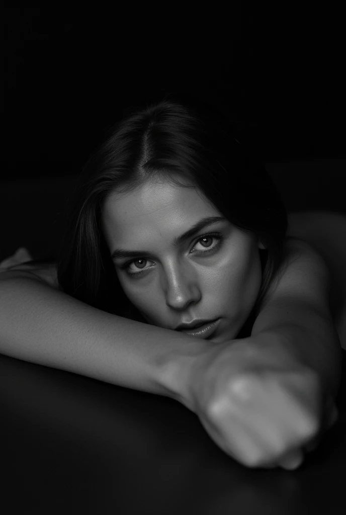 black and white portrait photography, deep shadows, vogue photoshoot, super close up of the eyes of a Danish female supermodel nude 