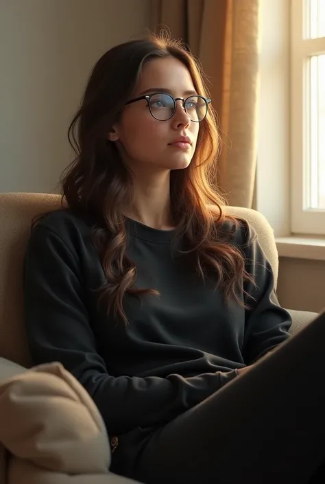 (photorealism:1.2), beautiful girl, sitting on chair, wearing black swet shirt, pajama pants, long wavy hair, indoors, soft lighting, white wallbackground, window with sunlight, cozy room, relaxed pose, realistic, intricate details, warm colors, 
Wear eyeg...