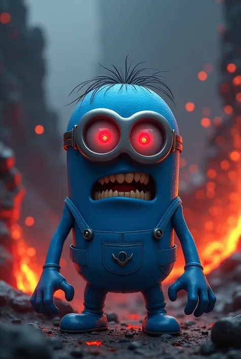 "A hybrid creature combining features of a Minion and a Smurf, standing in a menacing pose. The being has the round, cylindrical body and goggles of a Minion, but its skin is blue like a Smurf, with glowing, sinister red eyes. Sharp claws and jagged teeth ...