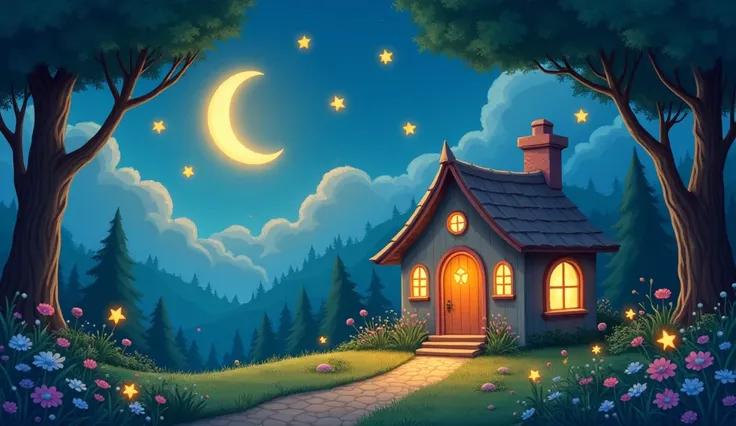 "A whimsical storybook illustration in widescreen format. A cozy, cartoon-style cottage nestled in a tranquil forest at night, softly glowing with warm golden light through its windows. The scene includes a twinkling star in the sky near a glowing crescent...