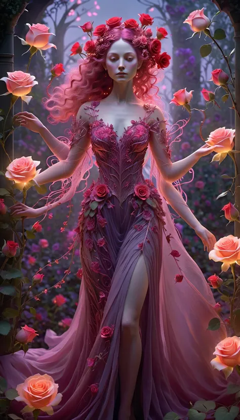 "A hyper-realistic and mystical full-body depiction of a female figure inspired by roses, with glowing pinkish-red eyes and intricate, luminous patterns resembling rose petals and thorned vines adorning her face and body. Her ethereal hair flows gracefully...