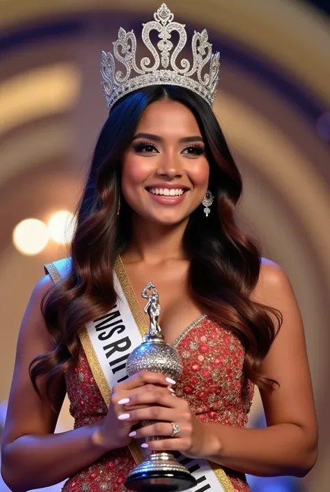 Real picture,  a beautiful young chubby Indonesian woman senyum tipis,hair ombre hitam coklat kemerahan mengenakan mahkota di kepalanya,dan memegang Piala ,wearing a Miss universe dress , wearing a sash ribbon that reads  "MISS UNIVERSE ESS 2025 "ejaan jel...