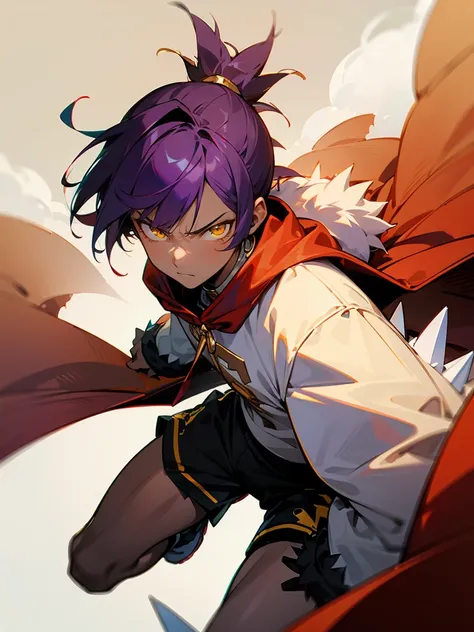 1male , Purple Hair , Dark Skin , Golden Eyes , Spiky Ponytail , Spiked Bangs , Serious Expression, Red Cape with white fur trim , Yellow Fitted Fleece Jacket , Black Athletic Shorts , perfect generation , Detailed Background, Gathering Clouds