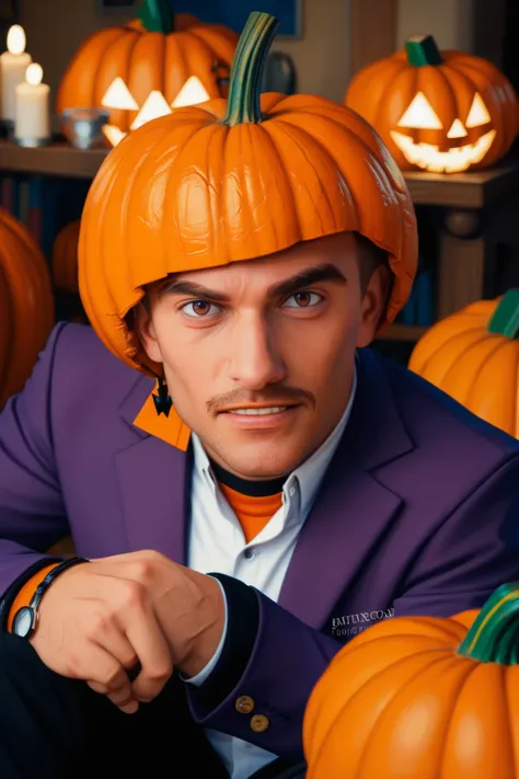 (date:20241204, By:Joulios) (an animated guy with pumpkin head:1.9) official art, castle clash game, igg games, a portrait of Pumpkin Duke, Pumpkin Duke from Castle Clash, (an animated semihuman with black pants, with a purple blazer, with a pumpkin as hea...