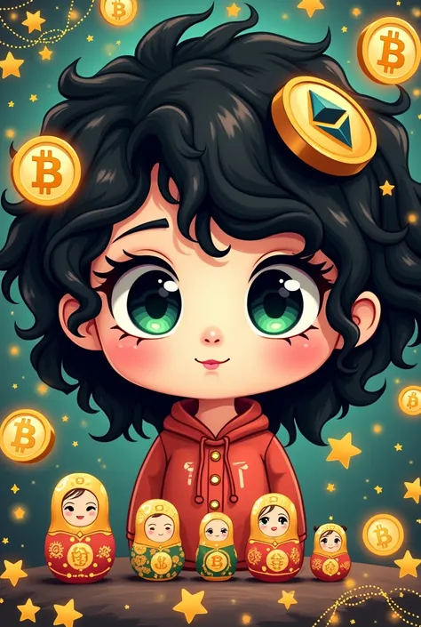 "Create a semi-realistic digital portrait: black curly hair, emerald black eyes, surrounding by floating cryptocurrency symbols (Bitcoin BTC, Ethereum ETH, TON), matryoshka doll elements, golden stars and coins with crypto logos. Art style: cute chibi char...