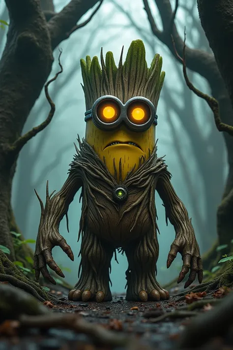 "A hybrid creature combining features of a Minion and Groot, standing menacingly in a dark, twisted forest. The creature has the iconic yellow cylindrical body of a Minion, but its surface is textured with bark-like patterns resembling Groots tree-like app...