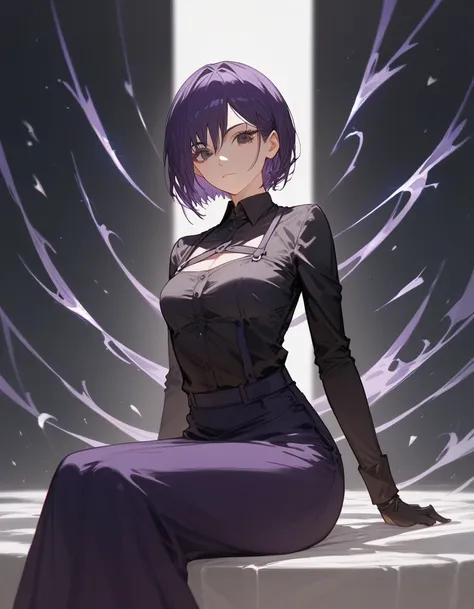 Short-haired girl,Bob hair,Dark purple hair , in dark purple black eyes , villains, small breasts, black silk shirt with long sleeves, with long thin gloves,cute,Long skirt,beautiful, chainsaw art,milf,Dark circles under the eyes, thin, dry ,Sitting in the...