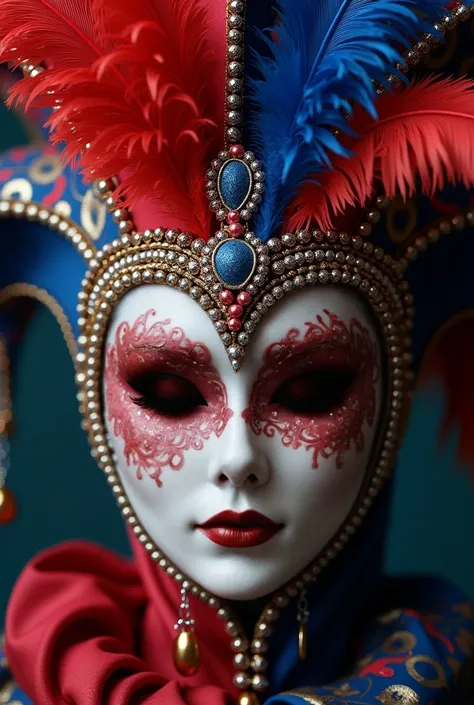 create an image of a harlequin mask or Venetian mask that looks complete, no background, has vibrant colors such as red, blue and silver, looks elegant, elaborate design, bold colors and geometric patterns (such as diamonds) and ornamental details, feather...