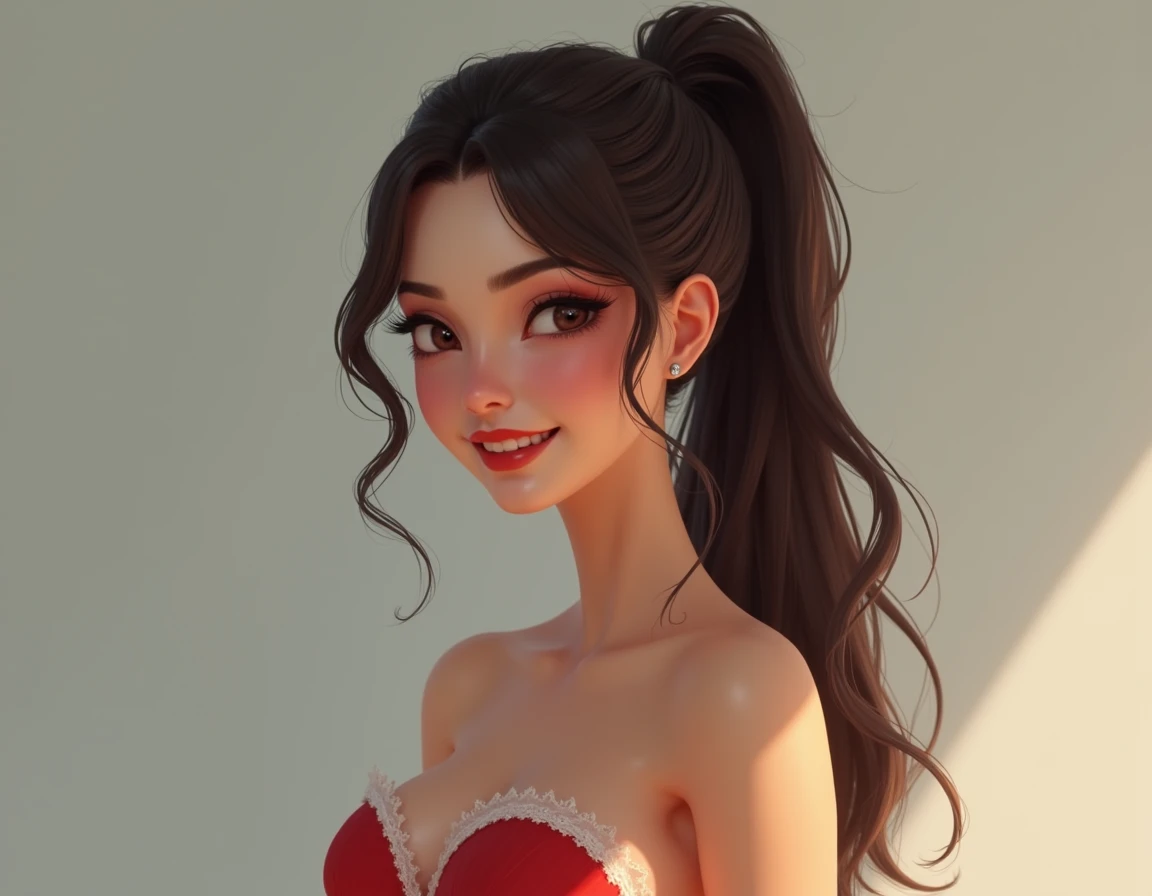 1girl,baiyi,large breasts,red lips,smile,ponytail,realistic