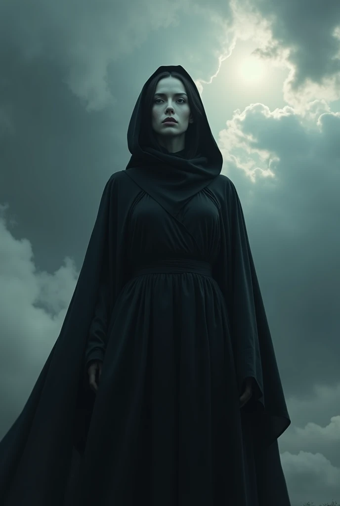 a very beautiful woman with pale skin, completely white eyes and hair as black as her lips, who welcomes you by saying she is Death. She has long black robes, a hood which however does not cover her entire head, behind her there are heavy, dense, dark clou...