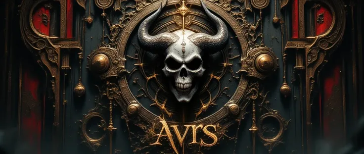 The image features a dark, ornate background with a skull at the center. The skull has intricate designs and horns, and below it is the word "AVRS" in gold letters. Red ornate details add to the gothic aesthetic.