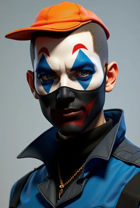 I want a male Game Free Fire , with a slightly pointed orange ,   cap on the back with a blue and black shirt with a black and blue mask with a Joker makeup. 
