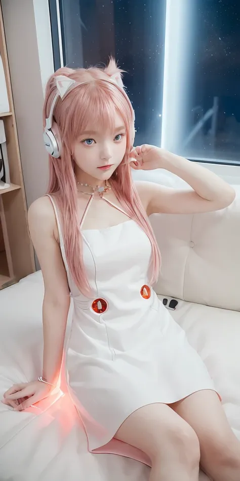 ( Top View ), dynamic view, Exquisite detail , illustration, Clas Up, straight on, 1 girl, 
 ((souryuu asuka langley,  headphone interface,  piercing red tight-fitting dress sees naked body inside :1.4, Pink-haired girl )),Her eyes shone like sweet dreams ...