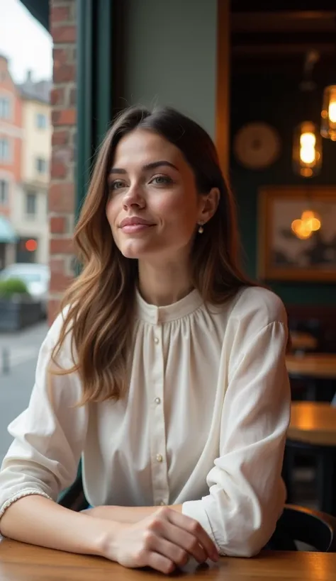 A 35-year-old woman sitting at a café window, dressed in a high-neck blouse.