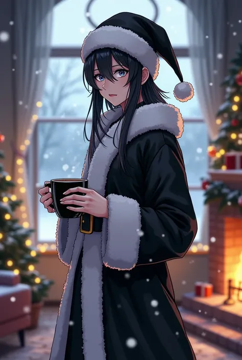 A trans man he is wearing a black and white Santa Claus costume he has long black hair gray blue eyes a female face on his head he is wearing a black and white Santa hat he is standing in front of the window in the living room the living room is decorated ...