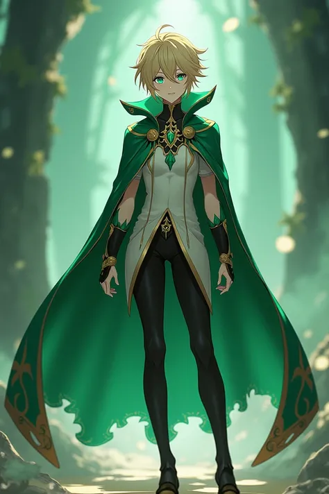 Standing character similar to Genshin Impact ,  has a green cape and blue and green heterochromia 20 years old