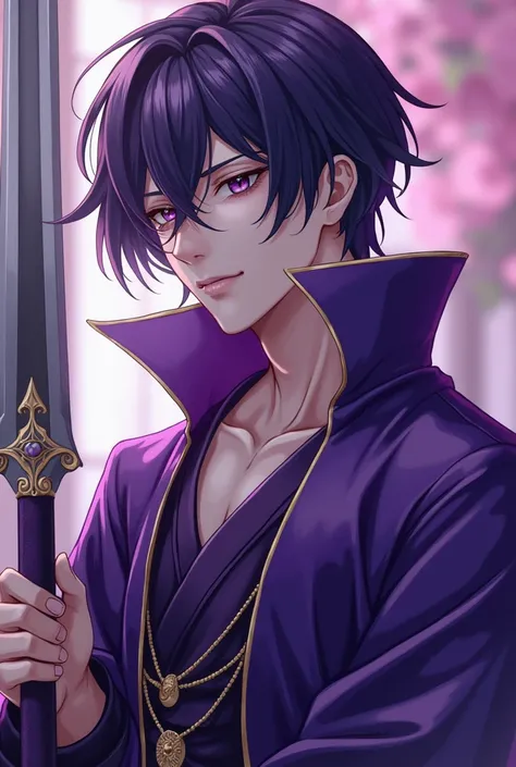 a close up of a man in a purple outfit holding a sword, beautiful androgynous prince, handsome guy in demon slayer art, taisho roman, delicate androgynous prince, extremely detailed artgerm, inspired in kris from deltarrune, artgerm on artstation pixiv, ar...