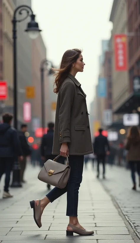 Create a photo of a left side profile view of a full body woman walking down   the street, carrying only a bag in her left hand