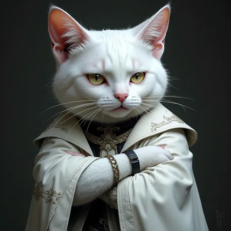 Photorealistic, K64, a white small comical cute, chubby cat with a gothic, Crossing their arms and glaring at me with a cool attitude.Draped in a white robe with Gothic patterns