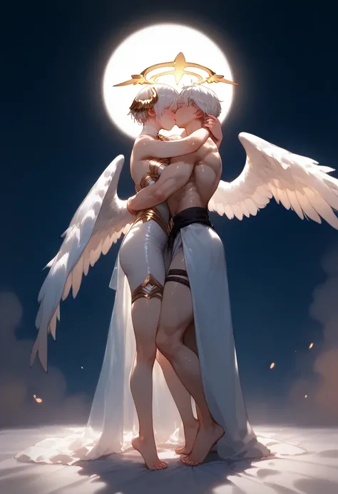 Halloween，Couple Photos（ girls shy expression ， White Hair，barefoot，front， white crystal skirt ，whole body，Standing）（ boy angel behind her ，White skin muscles ， white feathers big wings angel costume， hugging girl behind her ） background sky clouds ，Flying...