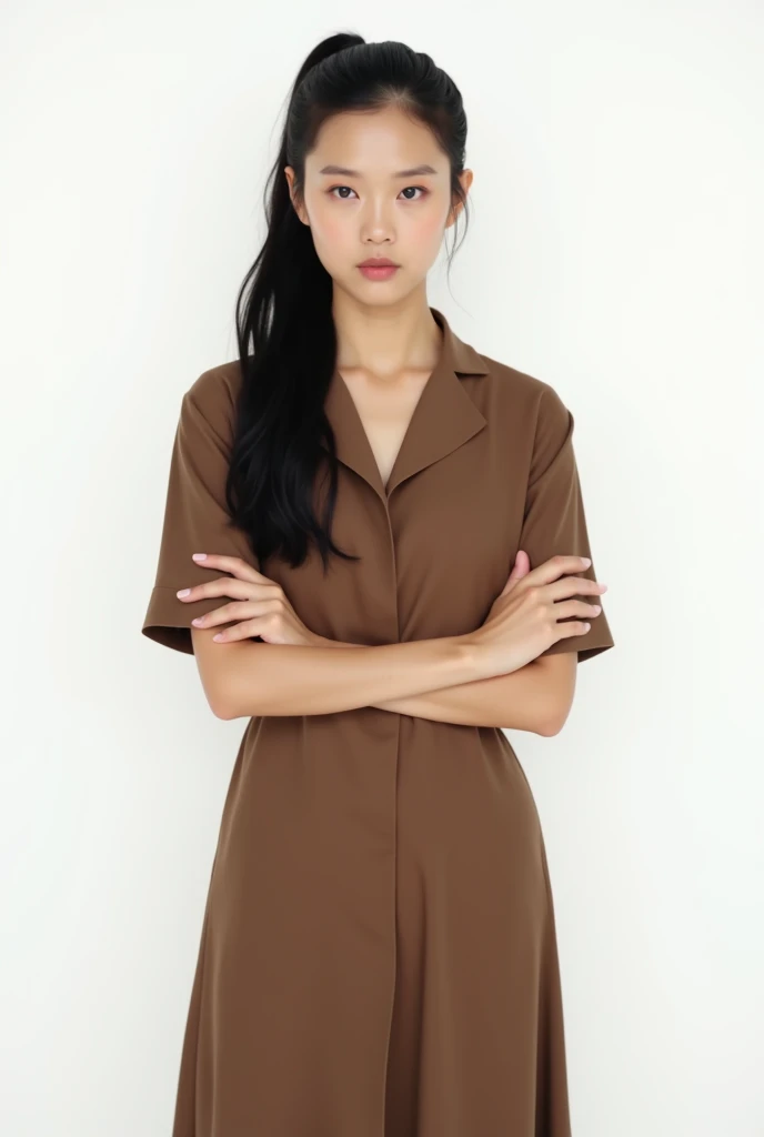  generate an image ,  of actress Jamie Chung on a white full body background , dress:  simple brown . Hair: Long color :  black hairstyle :  ponytail . I want her on a white background and with a confused face in the old days