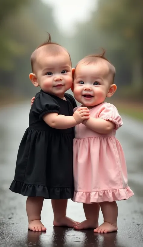  Generate a very realistic, standing, full-body image IMG _ 1025 HEIC image of a 5-month-old male baby wearing a black dress holding a 5-month-old female baby with one hand wearing a pink knee-length dress.  Both with the body and face facing the camera  ....