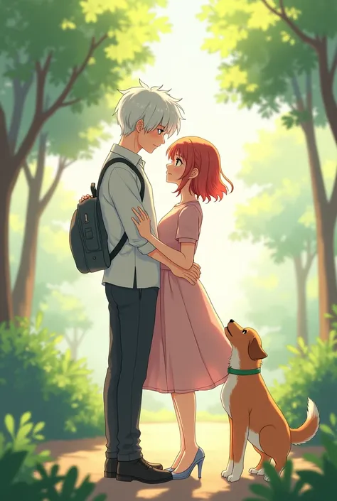 a couple being the white-haired man and the medium-short haired woman in an anime with a pet dog