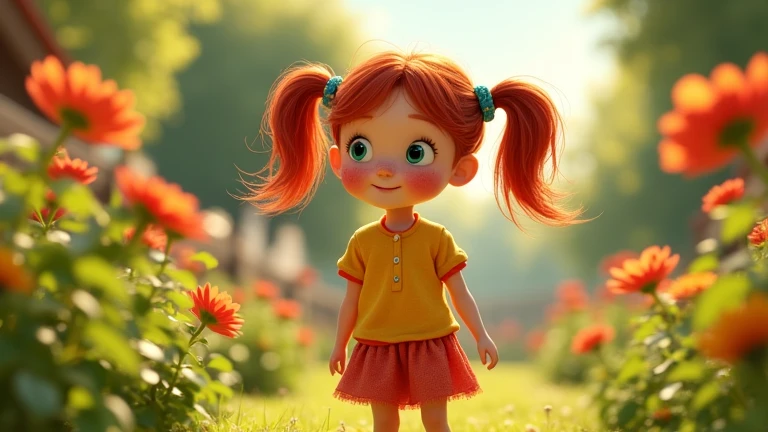  image for a cartoon story YouTube video in Disney style, in Pixar format : Lily in the garden :  A girl with red pigtails and freckles,  dressed in bright clothes ,  explores her garden ,  full of flowers and sunshine .