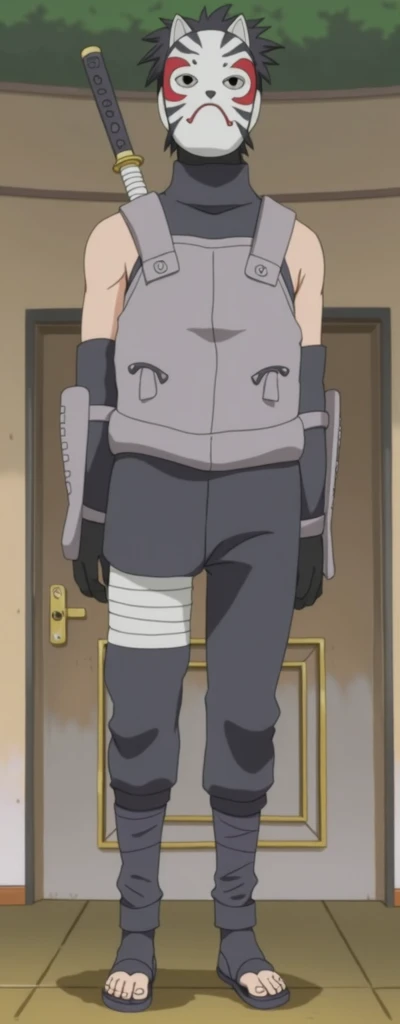  one medium-length straight katana straight ,  in the right hand of a 14-year-old man wearing a white ANBU mask from the naruto anime,  The mask covers the entire face including the eyes, the mask looks like a cats face anime style , risivka how in naruto,...