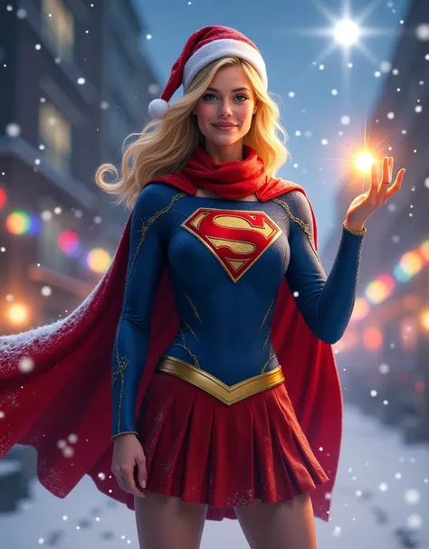 "Create an image of Supergirl with a Christmas-themed twist, while staying true to her heroic and empowering appearance. She wears her iconic blue and red suit, but with festive elements like a red and green scarf draped around her neck, and snowflakes sub...