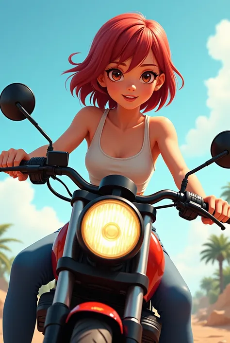 Girl with short shoulder hair 
Thin face
Reddish hair 
 On a Corinta motorcycle 
Animated 
Bold skin