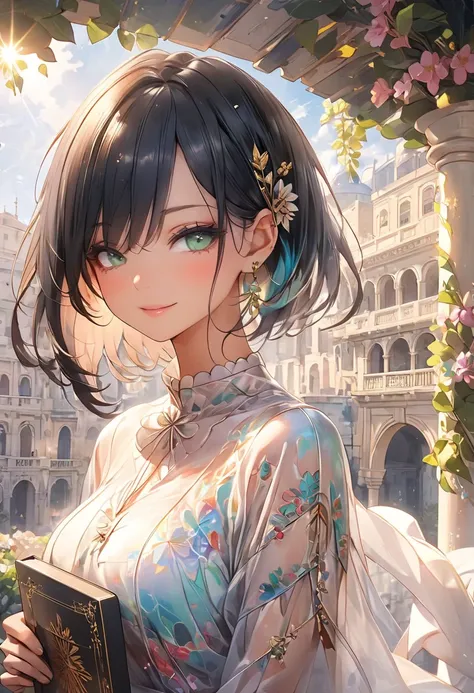   1 girl ,Mature Girl, (beautiful),   shortcuts, bob hair, black hair, sexy,  tight dress ,  curved shape , beautiful грудь,    Pergola with perfect facial features in a pattern ,    Perfect Anatomy  , Valletta , Decoration,  eyeshadow,   He holds a book i...