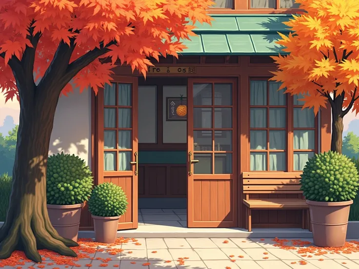 autumn cafe outside view the door  detail tree or leaf #anime 