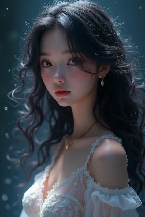 3d, anime style, black background. Create a super super super gorgeous woman with ethereal looks with dark and curly hair that lengths until the top of her shoulder