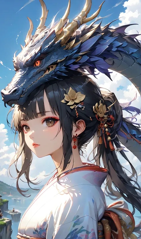 masterpiece, high quality, high resolution, 16K, highly detailed background, digital painting, unreal engine, Makoto Shinkai illustration, hyperrealistic, fantasy, petite girl in kimono, dragon horns, some skin with dragon scales, long eyelashes, beautiful...