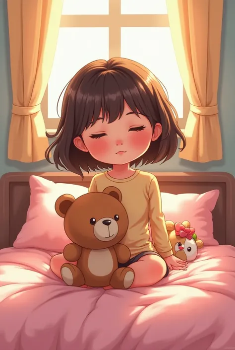 Cartoon girl sitting on a bed with a teddy bear and a stuffed animal, in my bed, sitting  in her room ,  sitting on her bed,  in her room , Danbooru y ArtStation, Sleepy,  in the bedroom in a sleepover , Beautiful caricature, pastel&#39;, inspired by Puru ...