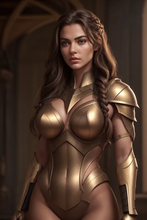 A professional portrait of a female Spartan with dark brown wavy hair cascading in a warrior’s braid, sun-kissed bronze skin adorned with battle scars, an oval-shaped face with high cheekbones, a strong jawline, piercing hazel almond-shaped eyes, straight ...