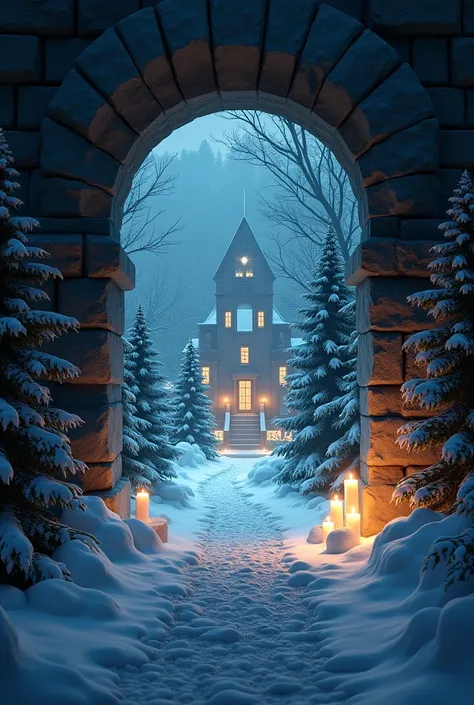  magic portal - in the dark winter forest - in the building wall - in the dark living room - inside the portal - Christmas scene - decorations/fir trees/ candles - glowing buildings - fabulous creatures - the contrast between the environment and the bright...