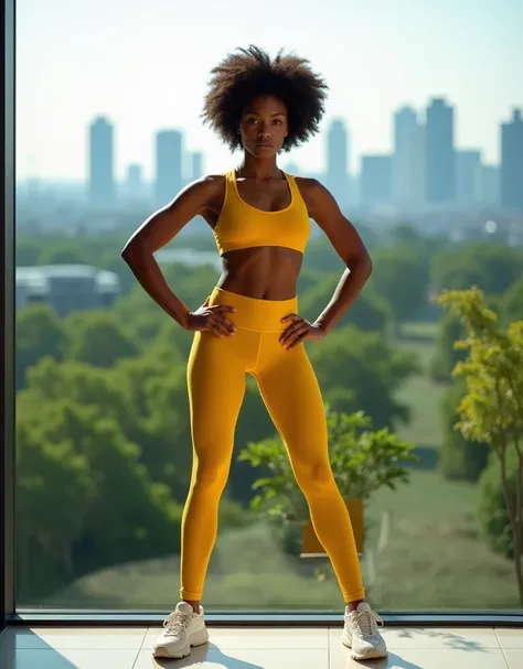 An 18-year-old Afro-descendant woman wearing yellow Sports Bra and High Waisted, Double-layer crotch, friction-free leg openings Panty, sports shoes, standing on the terrace of a penthouse with lush greenery and a city skyline in the background. She strike...