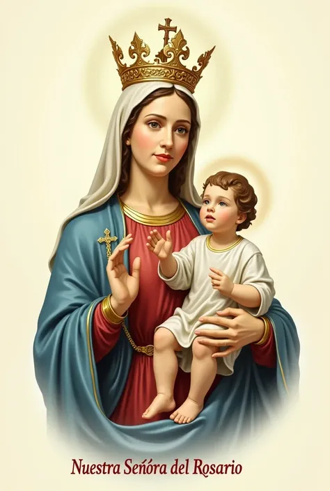  A religious illustration of Our Lady of the Rosary ,  with a golden crown decorated and dressed in a blue robe over a red robe .  She holds a rosary in her left hand and the Baby Jesus in her right arm .  The  Jesus wears a simple white robe and makes the...