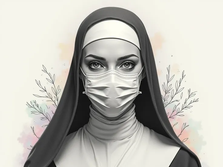  create a mystical pencil drawing of a nun wearing a serious face mask,  representing an idea of two identities .  pastel drawing , and with doodles .