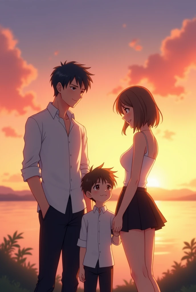 Anime boy with anime girl and their son. Anime boy with white shirt and black long trousers. Anime girl with white shirt and super short black skirt. She has short hair. Their son is stand under them. They is taking photo together in sunset 