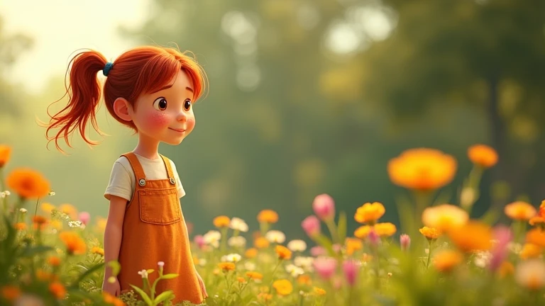  image for a cartoon story YouTube video in Disney style, in Pixar format : Lily in the garden :  A girl with red pigtails and freckles, wearing a white t-shirt , and in an orange denim sundress,  explores her garden ,  full of flowers and sunshine .