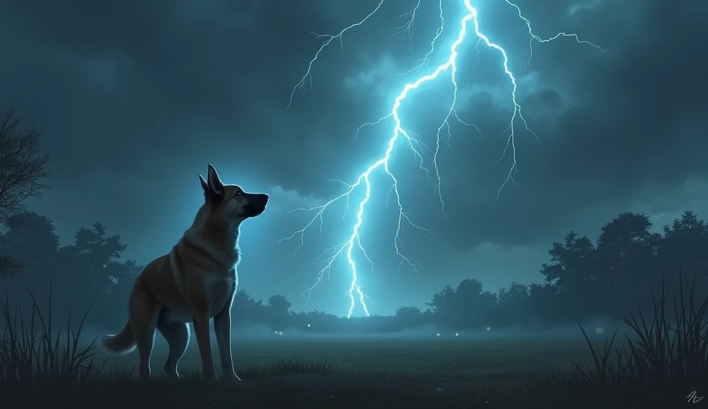 "A dog standing at the edge of a yard or park, looking up at the sky, where dark clouds are gathering. A faint electric energy or static field surrounds the dog, representing its sensitivity to atmospheric changes. The dog’s body language should suggest un...