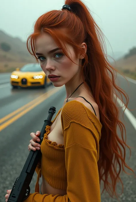 (Alone,   full body photo :1.3), (action packed:1.3), (confusion, Fog, mist:1.3), chiaroscuro,  best quality ,  photorealistic , [1mulher, (), (24 years old:1.2), red-haired,  long and detailed red hair , 1700S,  digital photograph ,  art by Artgerm and Ru...